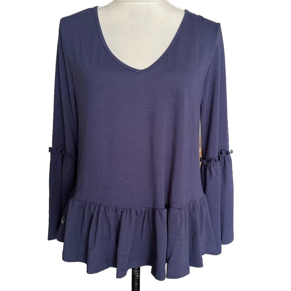 Simply Southern Shirt Navy Blue Bell Sleeve Small Ruffle Peplum Top Blouse NWT